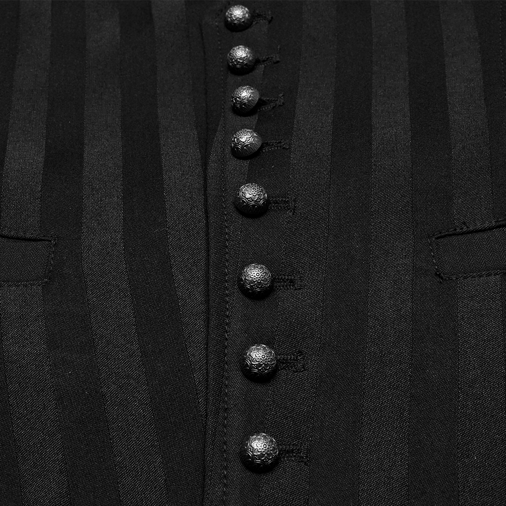Close-up of gothic black striped vest featuring retro carved buttons and a sleek design.