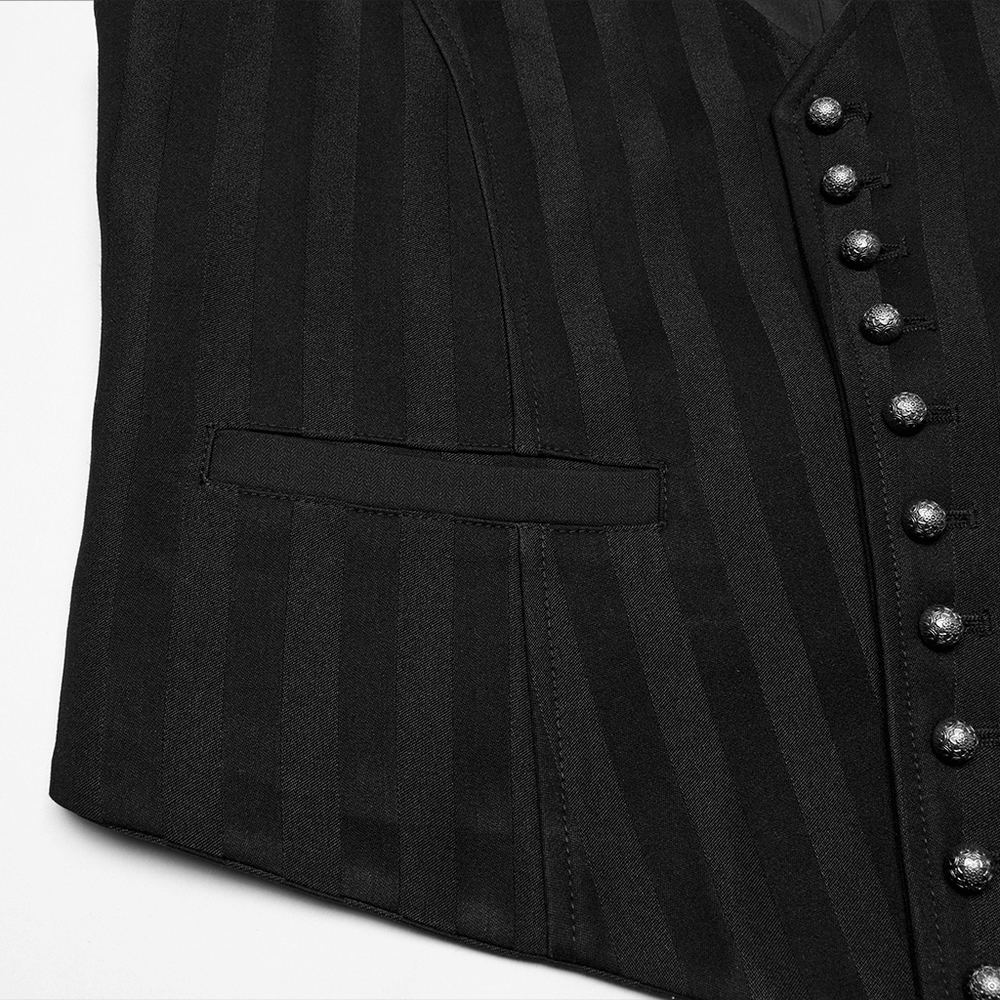 Gothic black striped vest featuring retro button detailing and sleek pocket for a steampunk fashion statement.