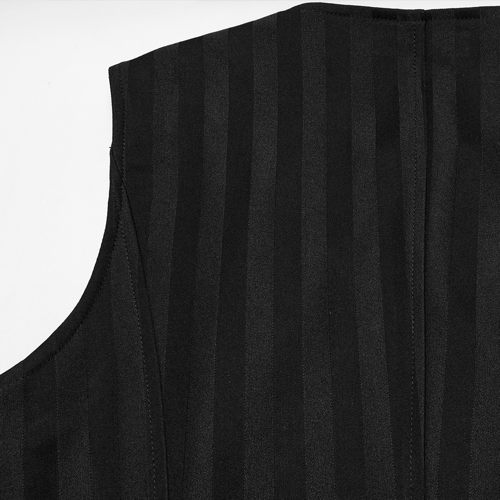 Gothic black striped vest showcasing vertical stripes and premium suit fabric for a steampunk-inspired look.