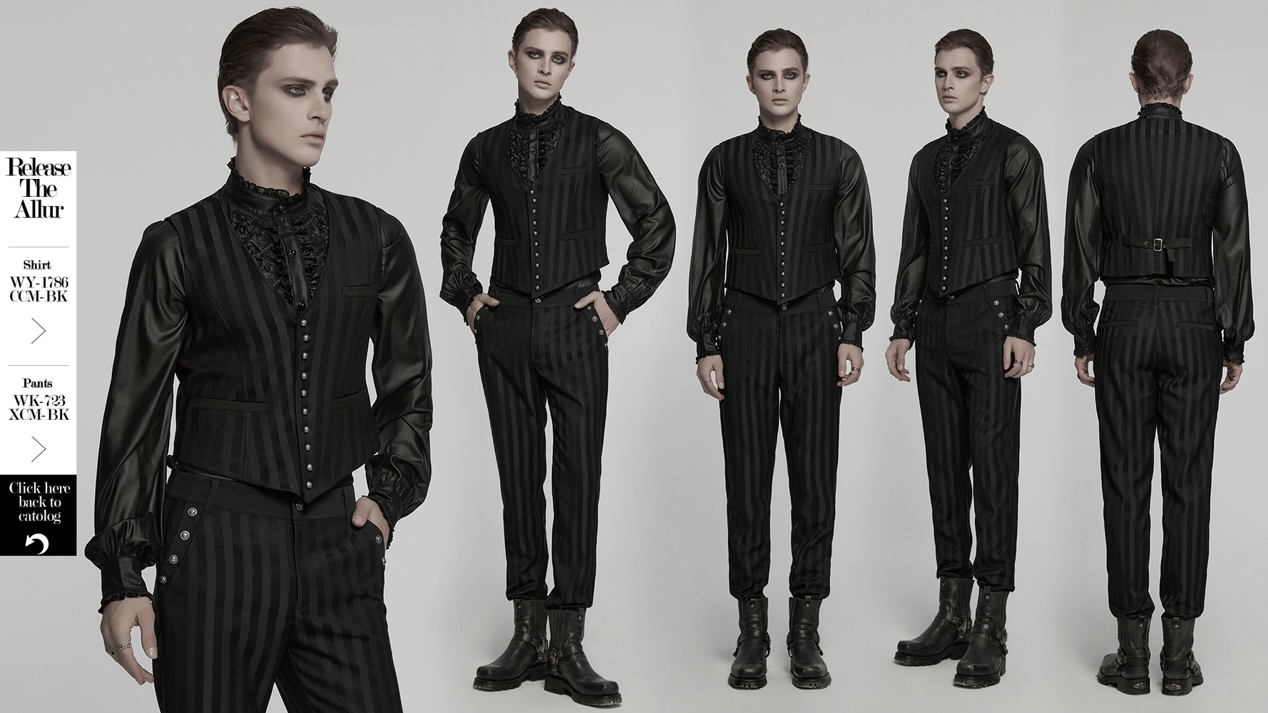 Gothic black striped vest with retro button detailing, styled for steampunk fashion, showcasing a sharp silhouette.