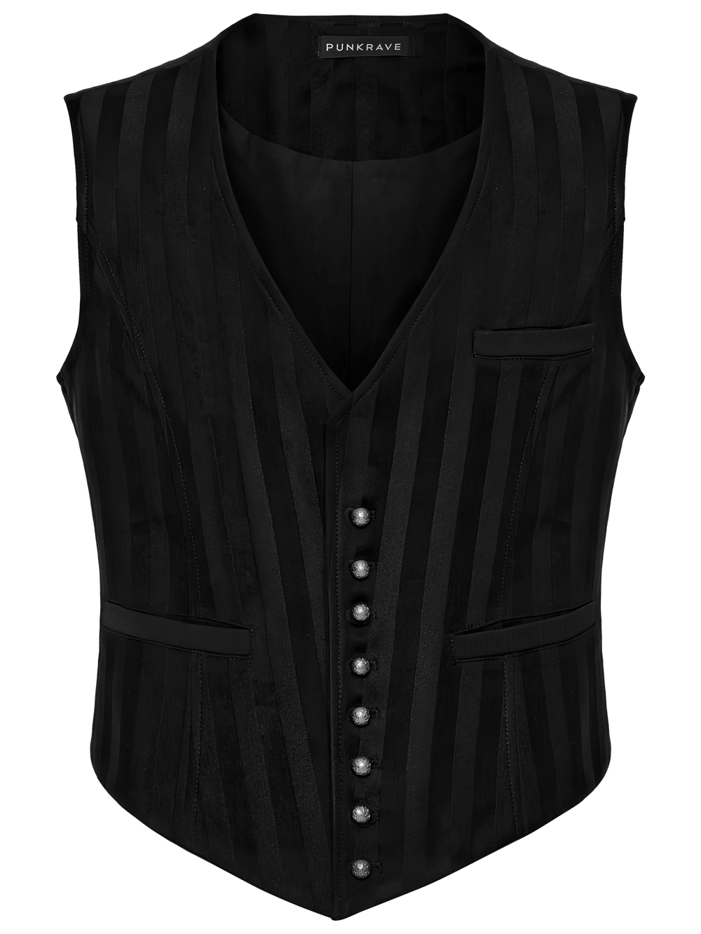 Gothic black striped vest with retro buttons, perfect for steampunk fashion lovers.