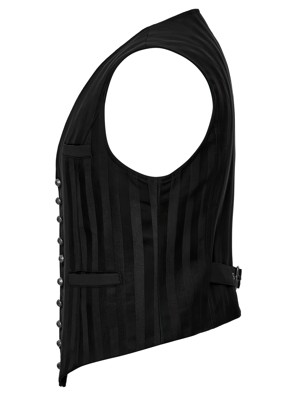 Gothic black striped vest with vintage button detailing, featuring a sharp silhouette and refined steampunk style.