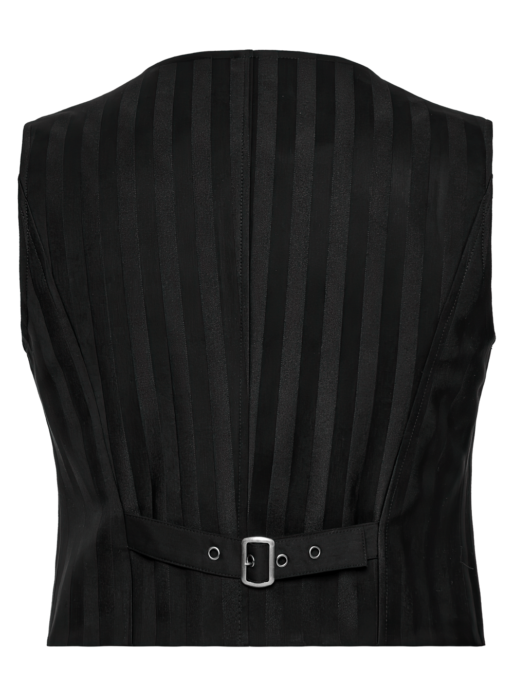 Back view of a gothic black striped vest featuring a back strap and retro button details for a steampunk style.