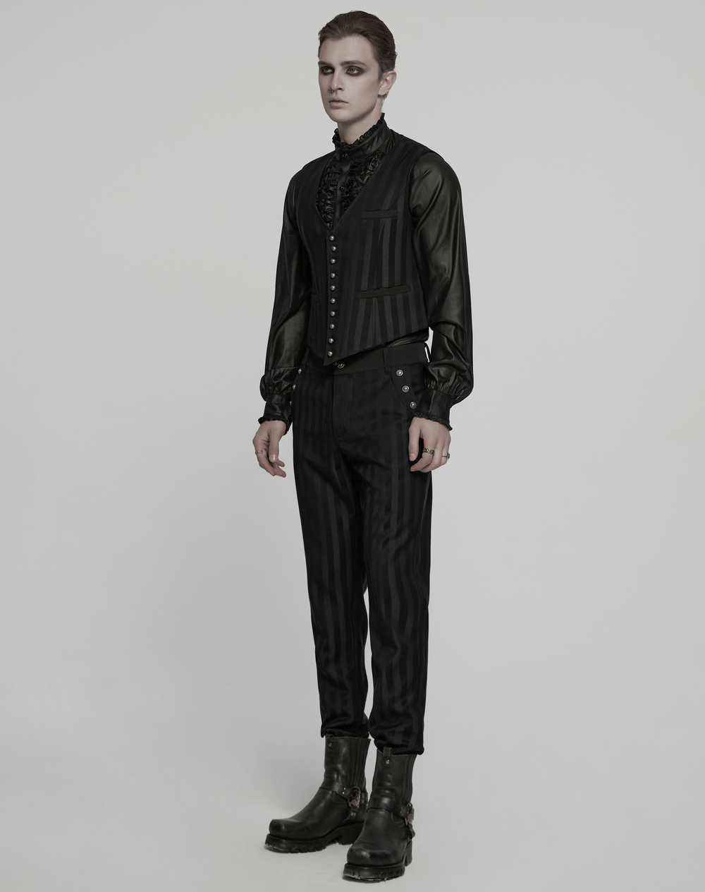 Gothic black striped vest with retro button detailing, perfect for steampunk fashion lovers.