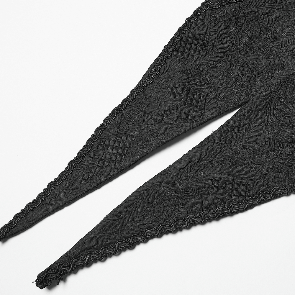 Gothic Black Swallowtail Waistcoat with Plush Lapel detailed view showcasing intricate black lace fabric.