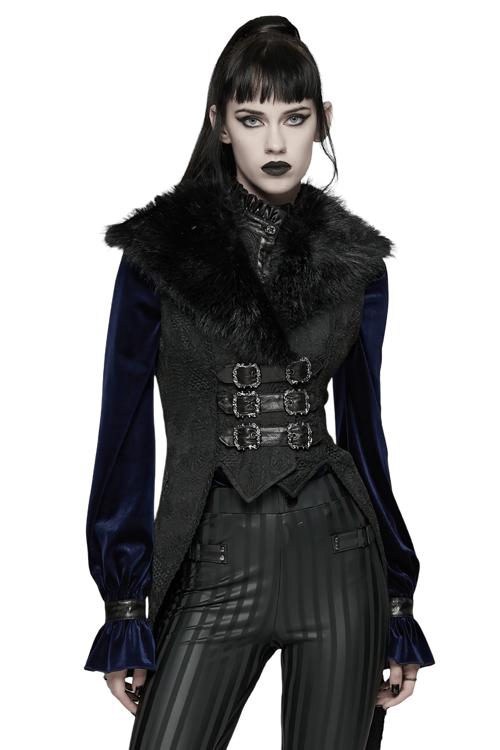 Gothic Black Swallowtail Waistcoat with Plush Lapel, featuring a glamorous plush collar and stylish buttons.