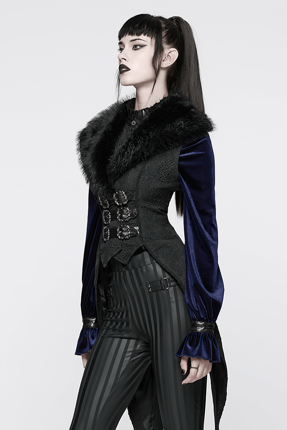 Gothic Black Swallowtail Waistcoat with Plush Lapel styled elegantly with a deep blue and black ensemble.