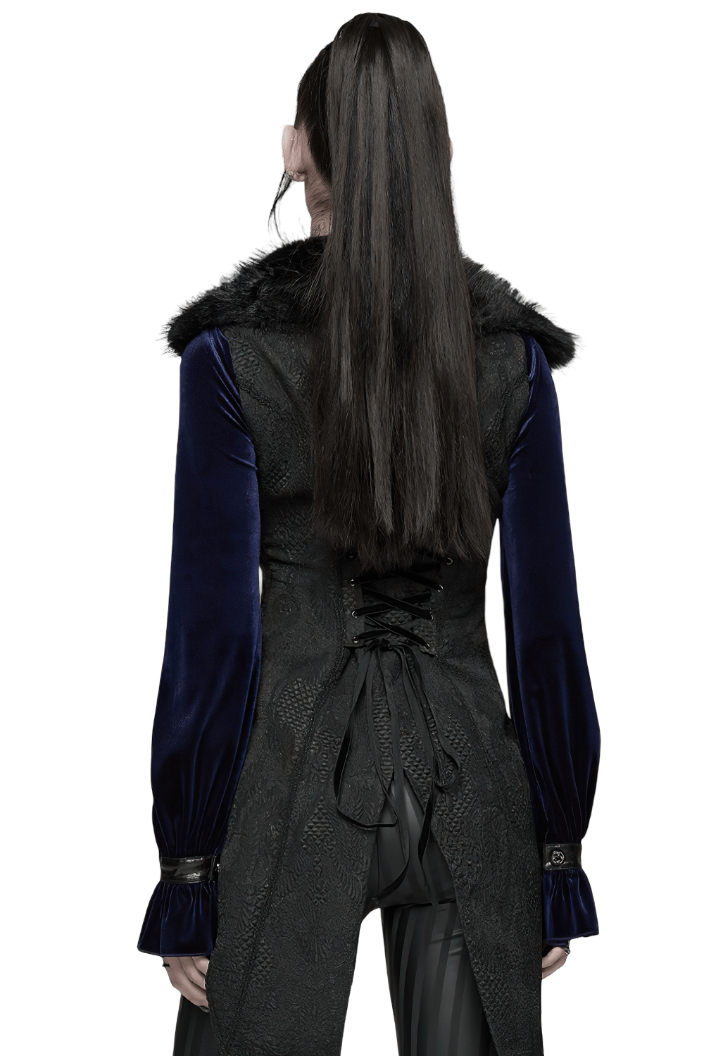 Gothic Black Swallowtail Waistcoat with Plush Lapel showcased from the back, featuring a velvet finish and plush collar.