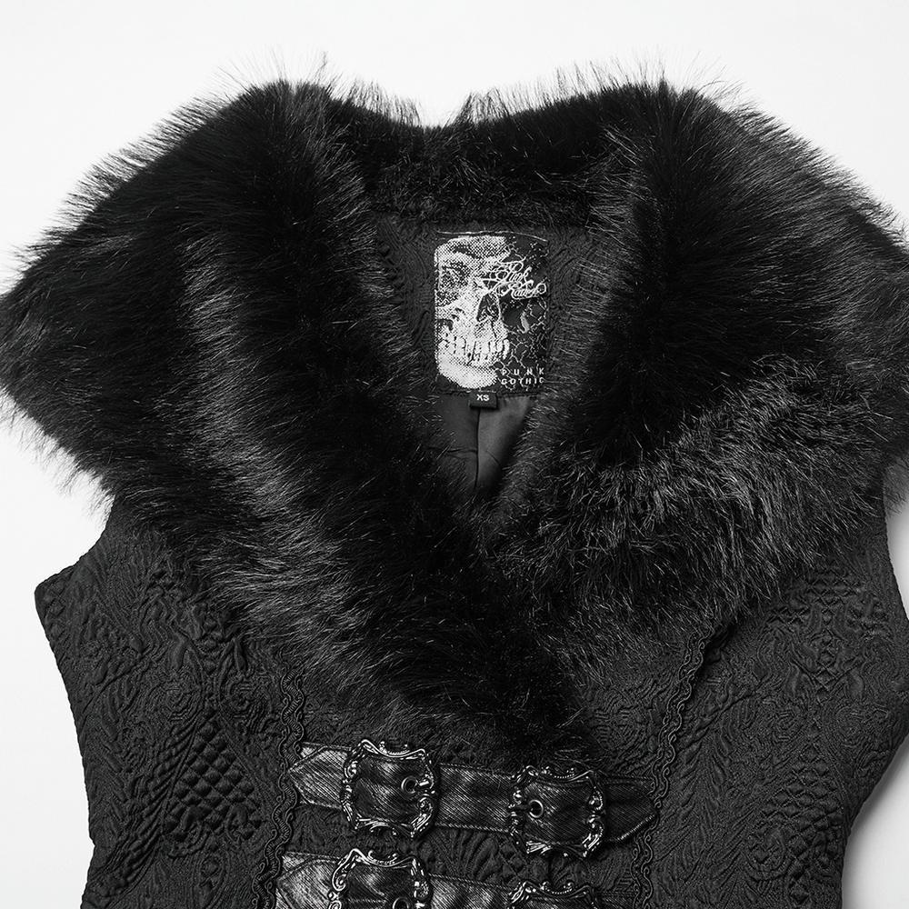 Gothic Black Swallowtail Waistcoat with Plush Lapel featuring intricate fabric and stylish skull label.