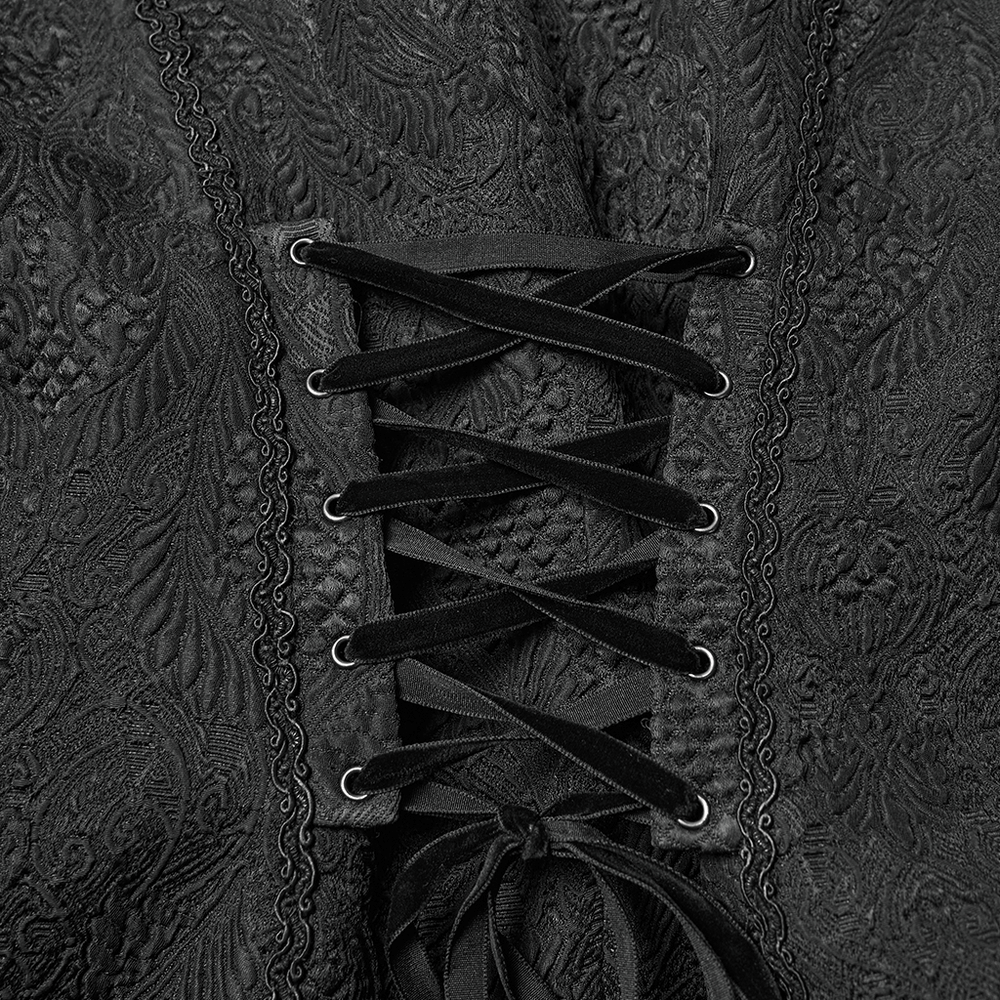 Gothic Black Swallowtail Waistcoat with Plush Lapel showcasing intricate lacing detail in black fabric.