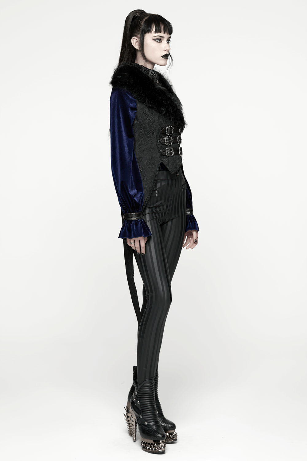 Gothic Black Swallowtail Waistcoat with Plush Lapel worn by a model, showcasing stylish gothic fashion.