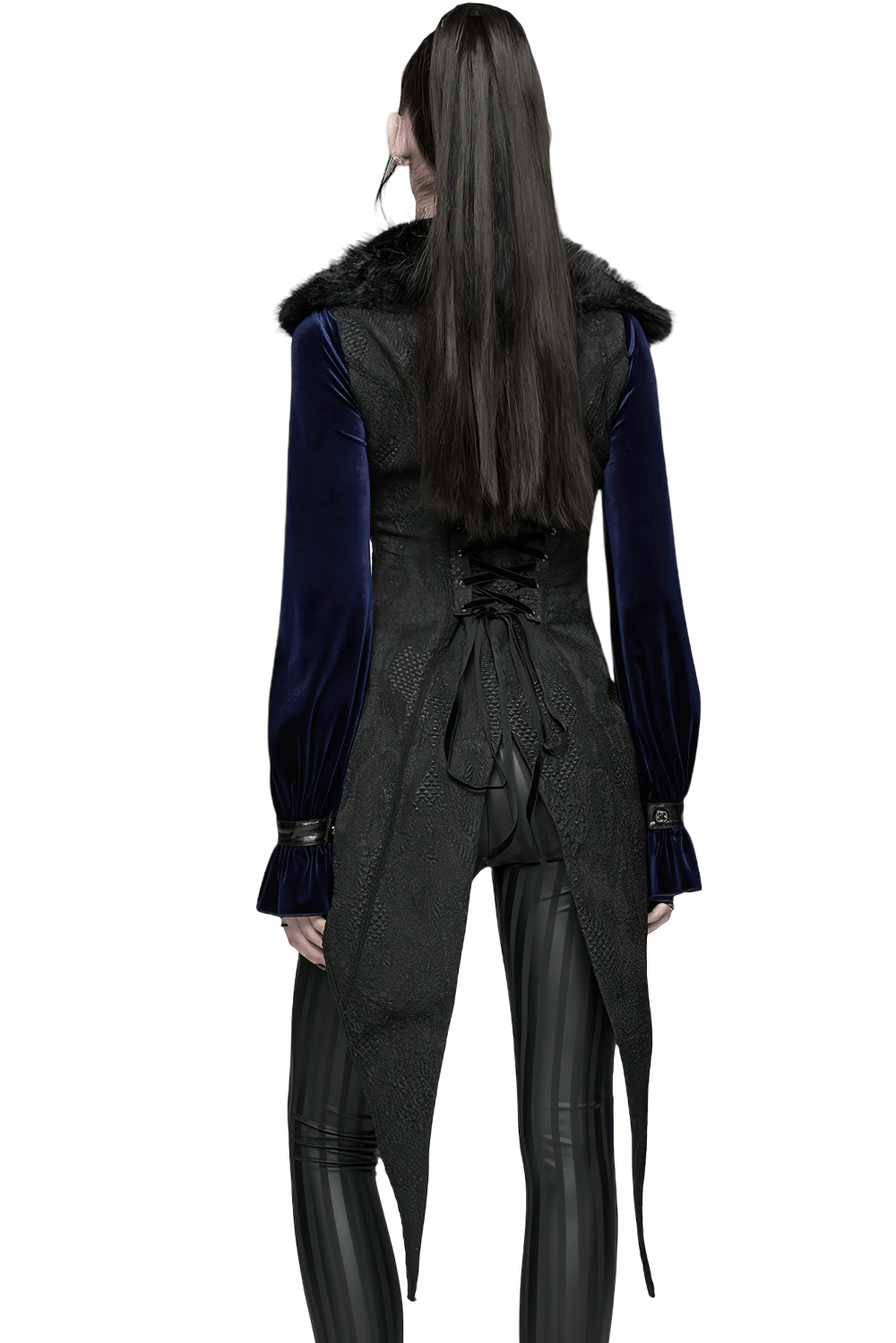 Gothic Black Swallowtail Waistcoat with Plush Lapel showcased from the back, featuring elegant velvet sleeves.