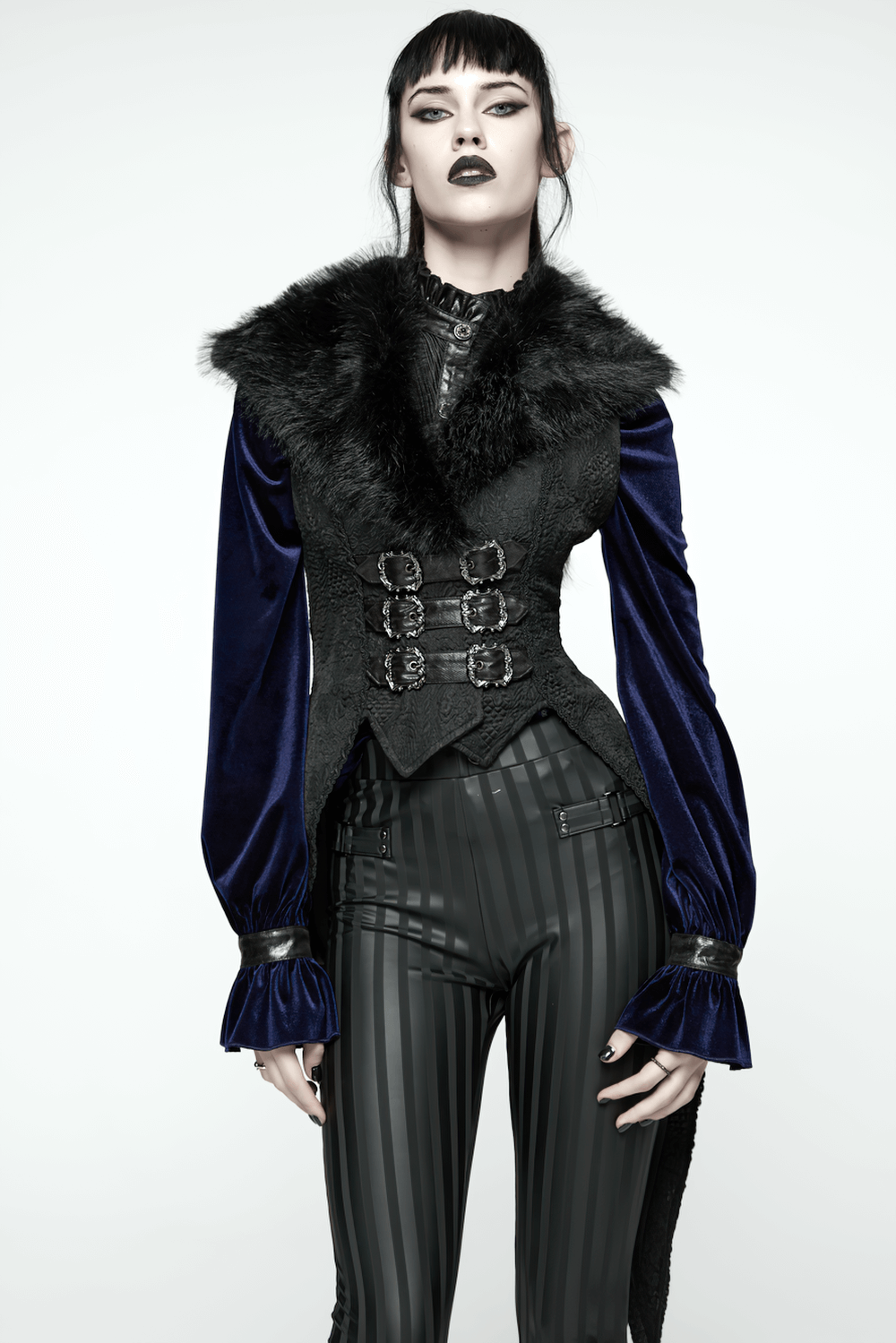 Gothic Black Swallowtail Waistcoat with Plush Lapel displayed on model with velvet sleeves and fur lapel.