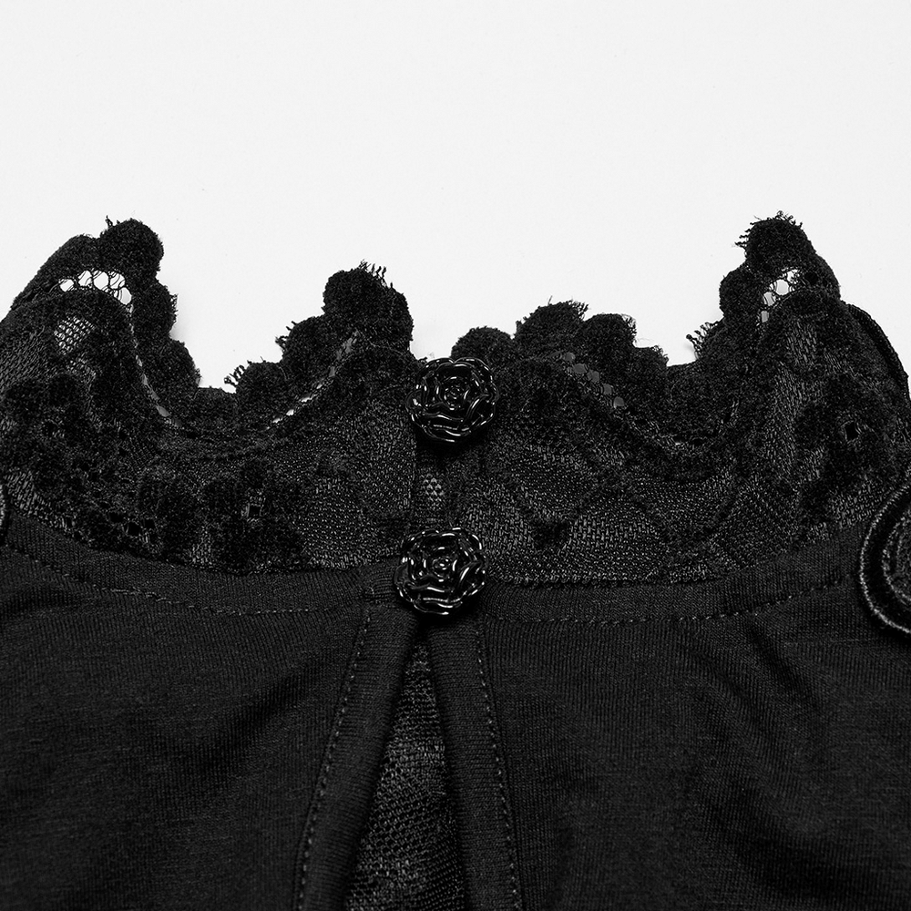 Close-up of Gothic black lace collar with floral buttons on a long sleeve top, showcasing intricate details.