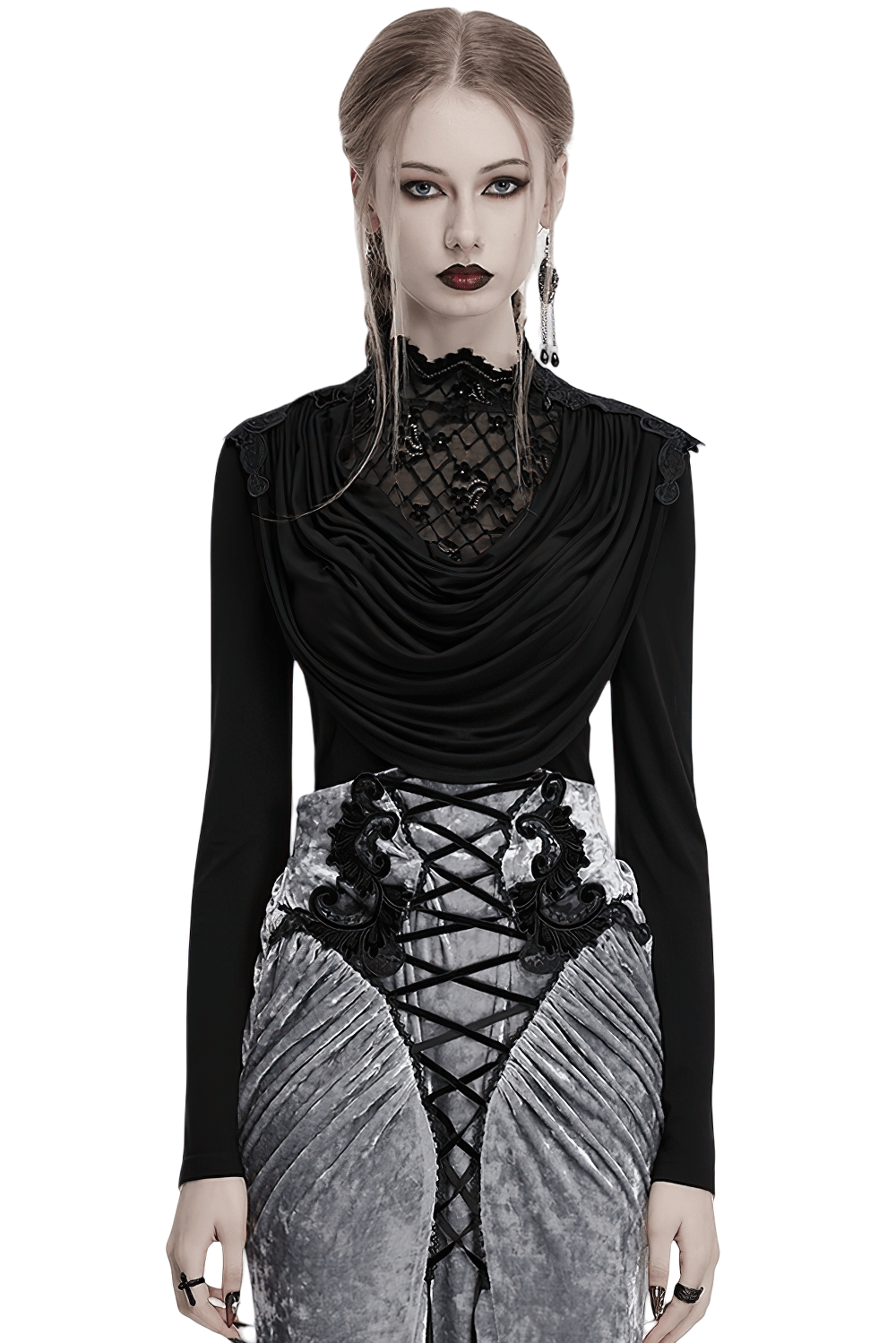 Gothic black long sleeve top with lace collar, perfect for a dark and stylish wardrobe.