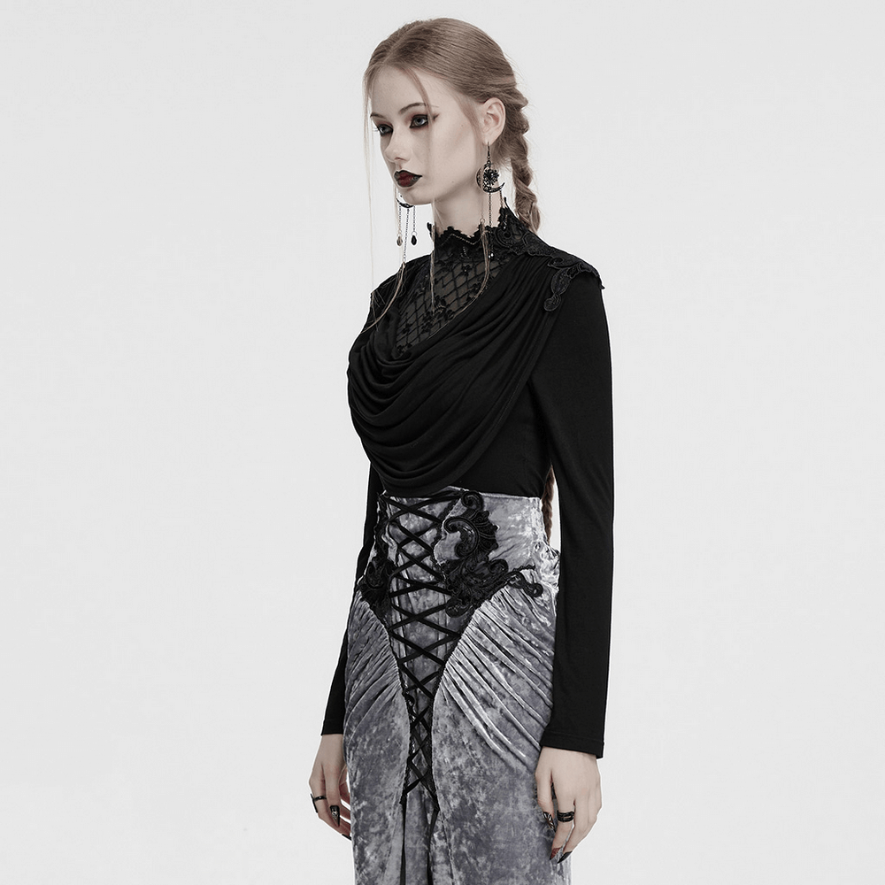 Elegant Gothic black long sleeve top with lace collar, paired with a stylish skirt, showcasing a dark fashion aesthetic.