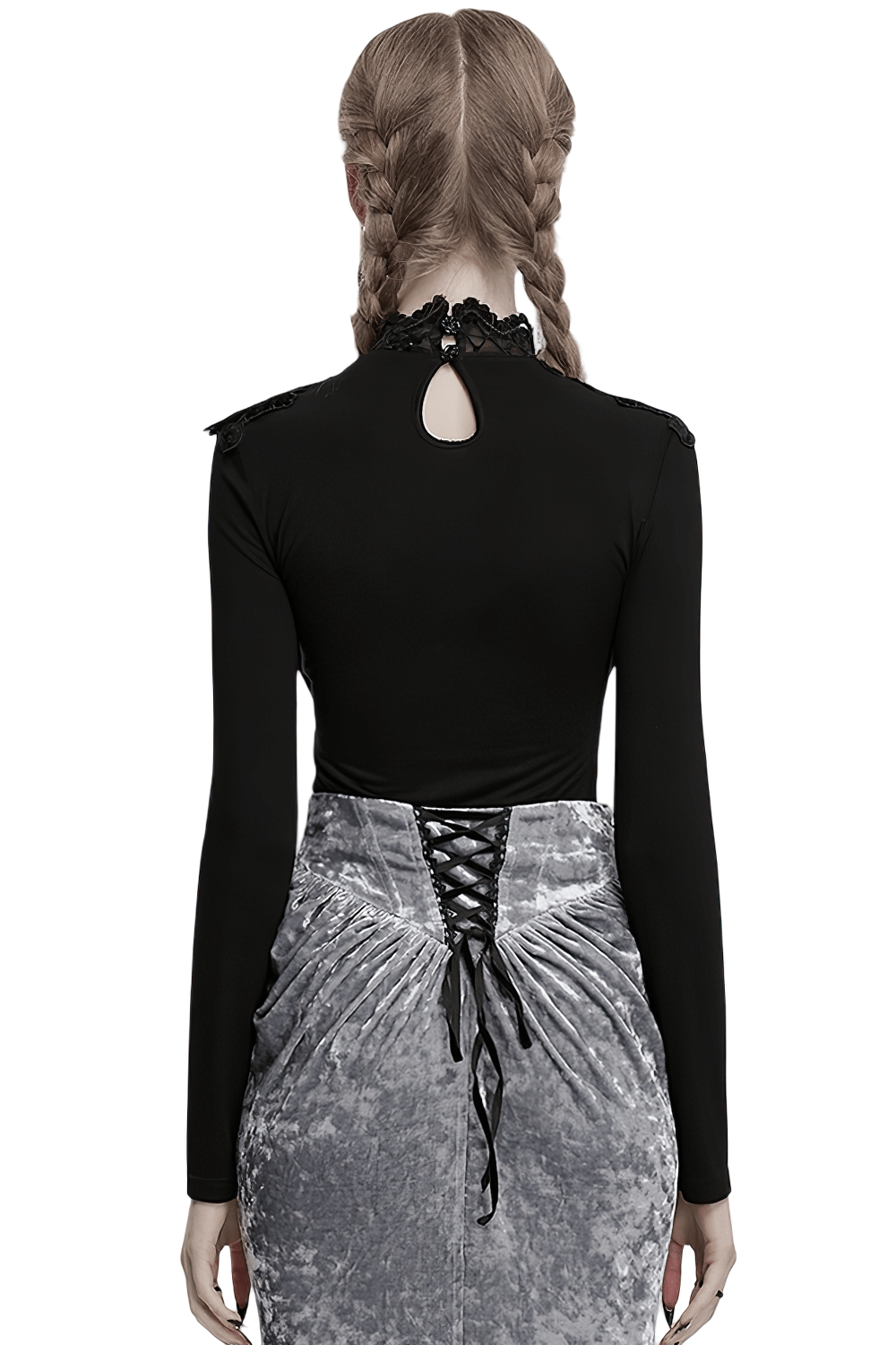 Gothic black long sleeve top with lace collar, showcasing stylish back detail and elegant silhouette.