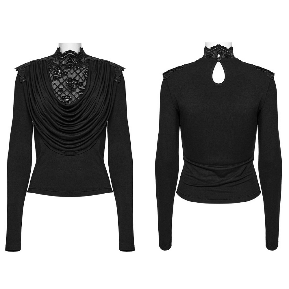 Gothic black lace long sleeve top featuring a dramatic swinging collar and elegant drape design.