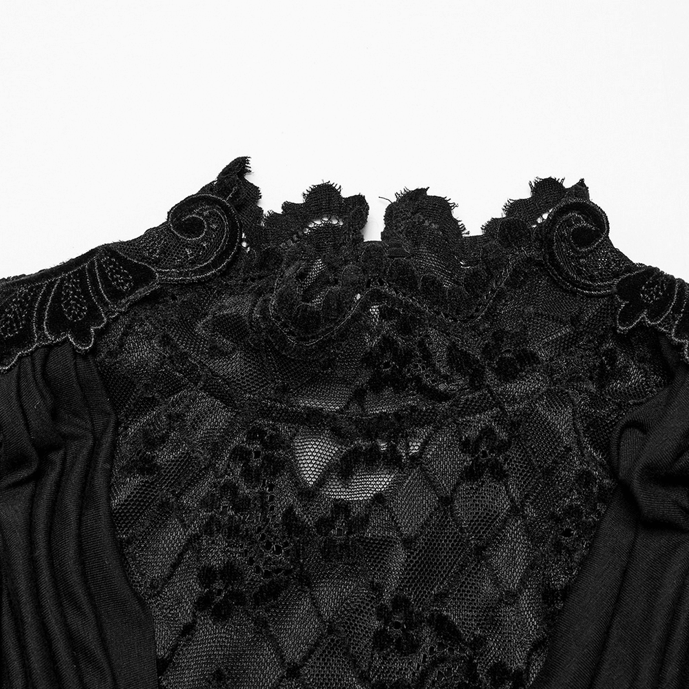 Gothic black lace top with intricate swinging collar and long sleeves, perfect for a dramatic fashion statement.