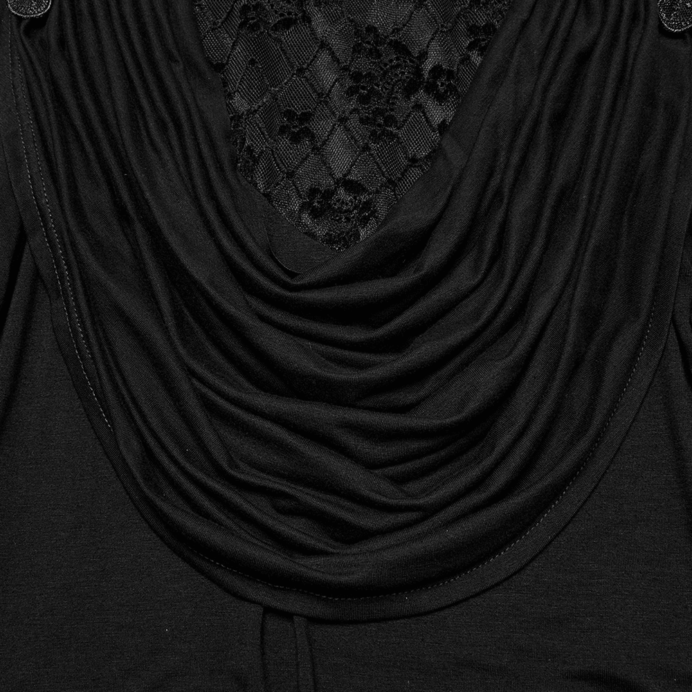 Gothic black long sleeve top featuring a dramatic draped collar and intricate lace detailing.