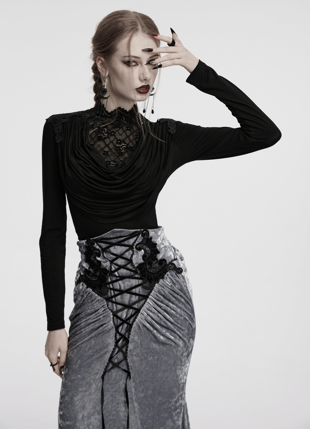 Gothic black long sleeve top with lace collar, styled with a gray velvet skirt, perfect for a dark fashion statement.