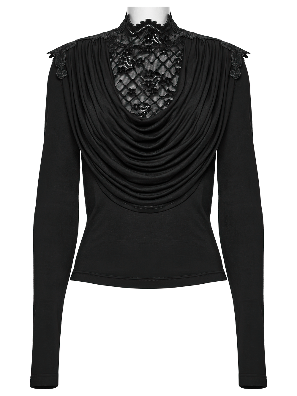 Gothic black long sleeve top with a draped collar and lace detailing, perfect for edgy fashion lovers.