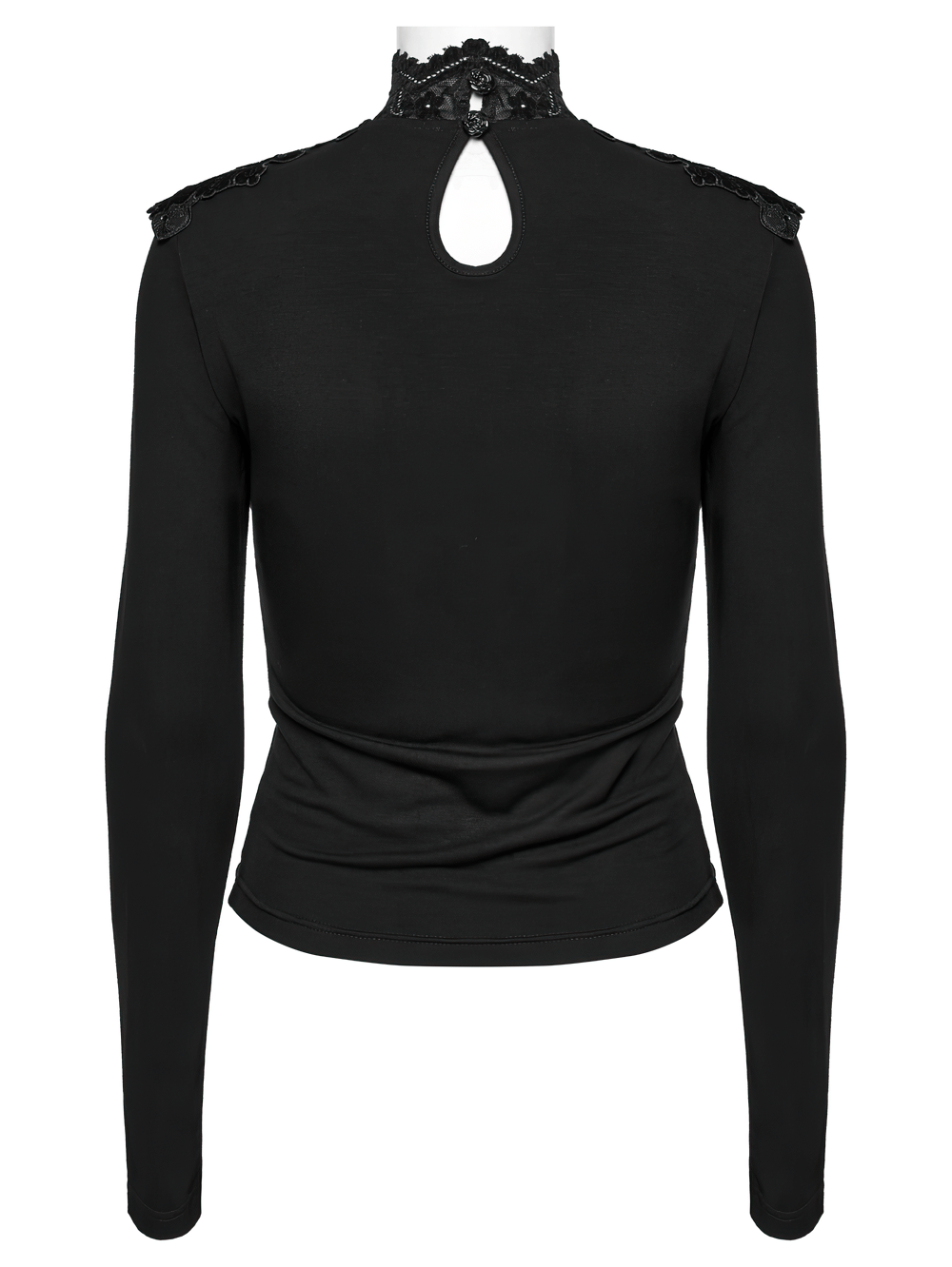 Gothic black long sleeve top featuring swinging collar and intricate lace detailing from the back view.