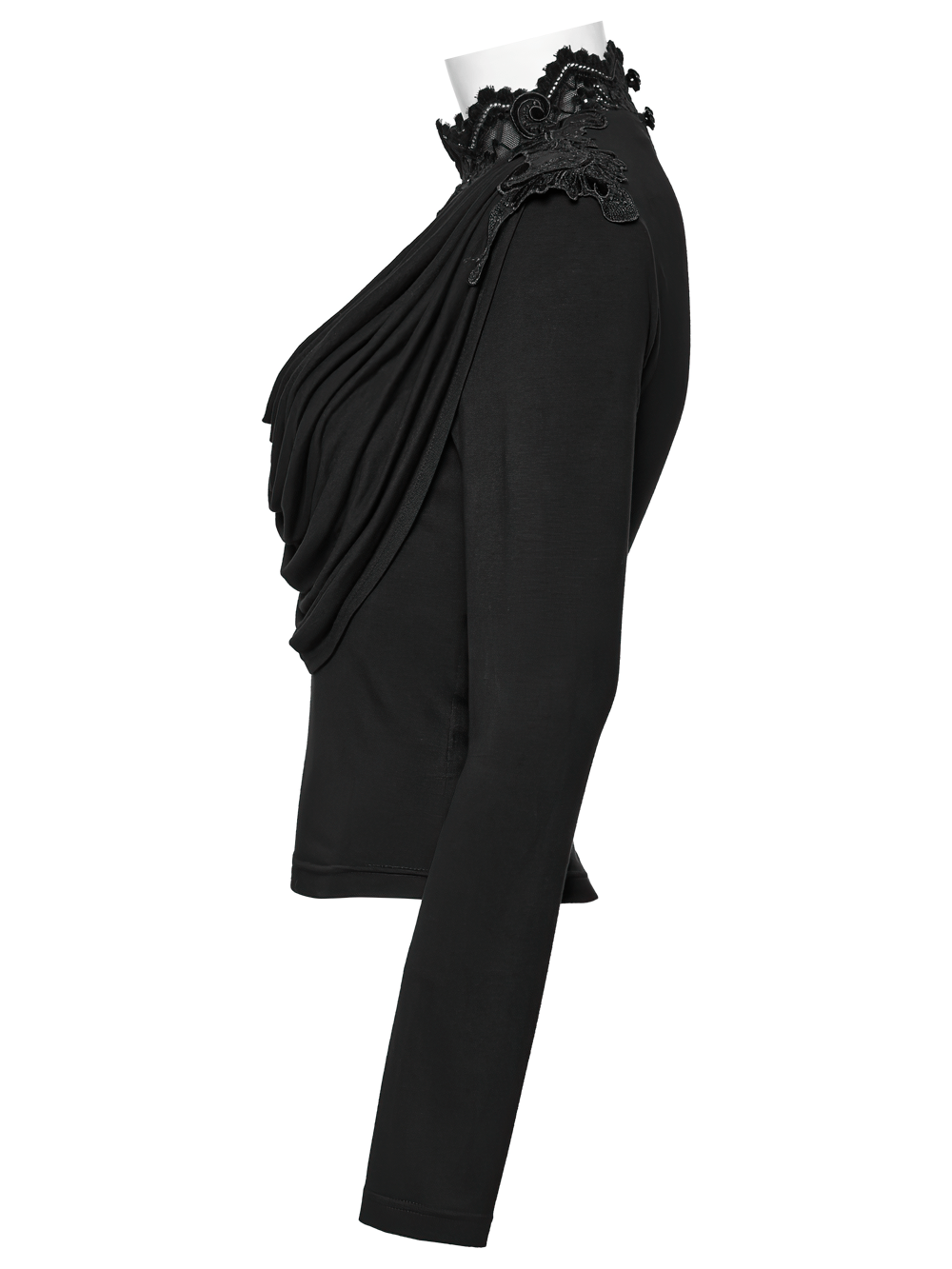 Gothic black long sleeve top with a unique swinging collar and lace details, perfect for a bold fashion statement.