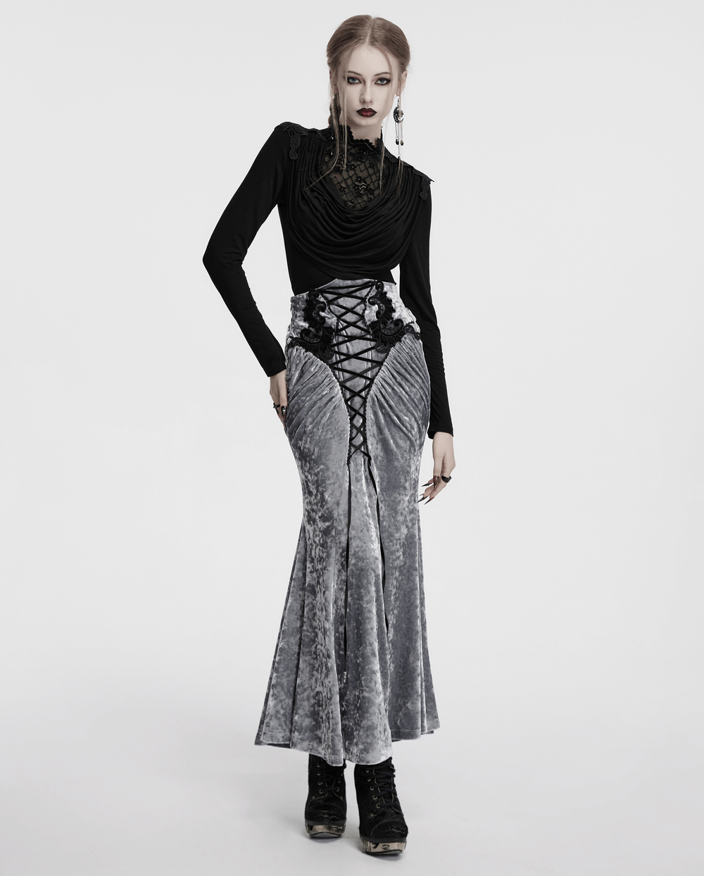 Gothic black lace long sleeve top with a swinging collar paired with a stylish silver velvet skirt.