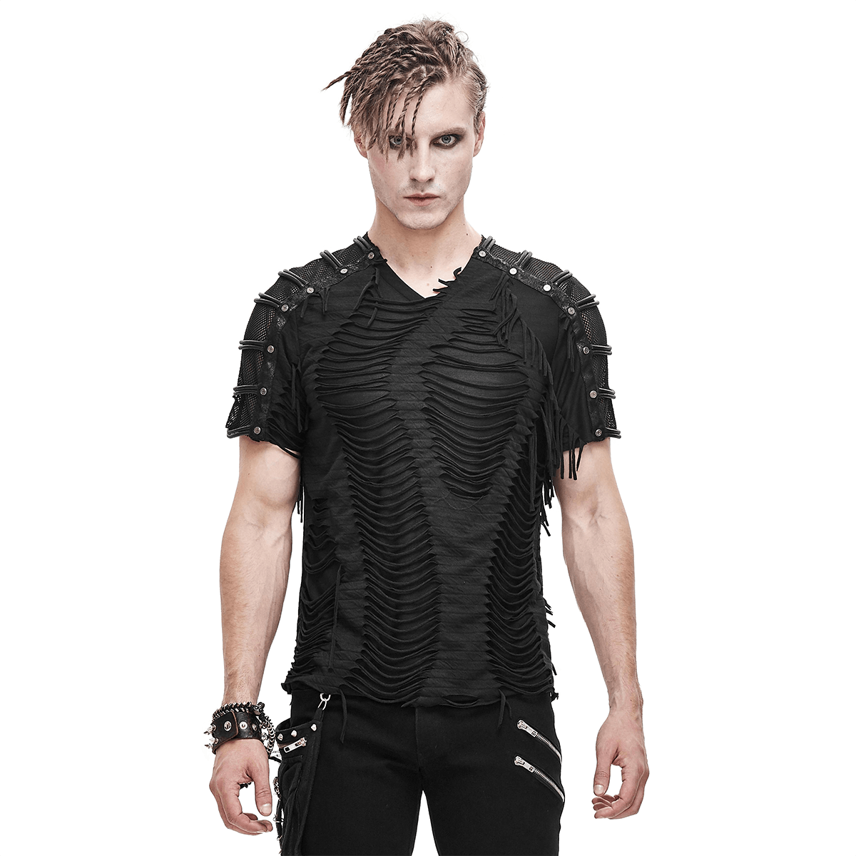 Gothic Black T-Shirts with Fringes / Men's Slashed T-Shirt with Mesh and Studs