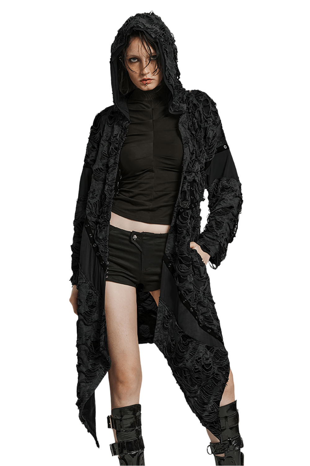 Gothic Black Tie-Dye Asymmetrical Long Coat With Hood