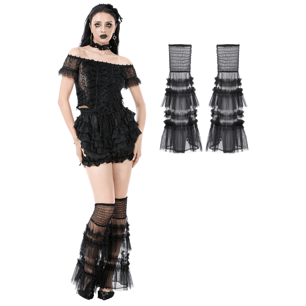 Gothic black tulle leg warmers featuring ruffles and mesh layers, perfect for a stylish edgy look.