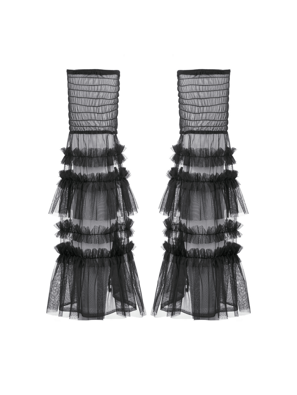 Gothic black tulle leg warmers featuring ruffles and mesh layers for a stylish and edgy look.