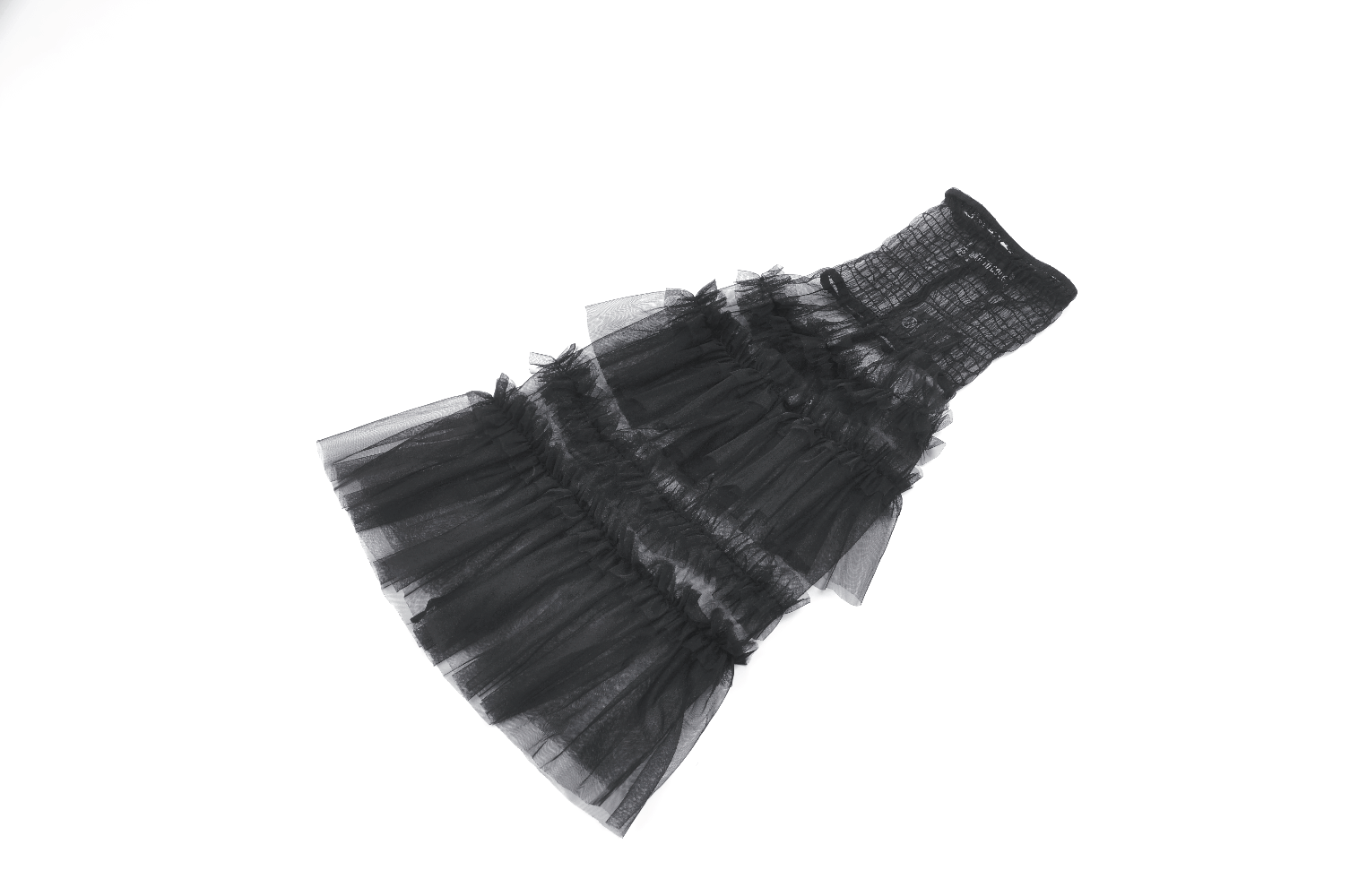 Gothic black tulle leg warmers featuring ruffles and mesh layers for a unique fashion statement.