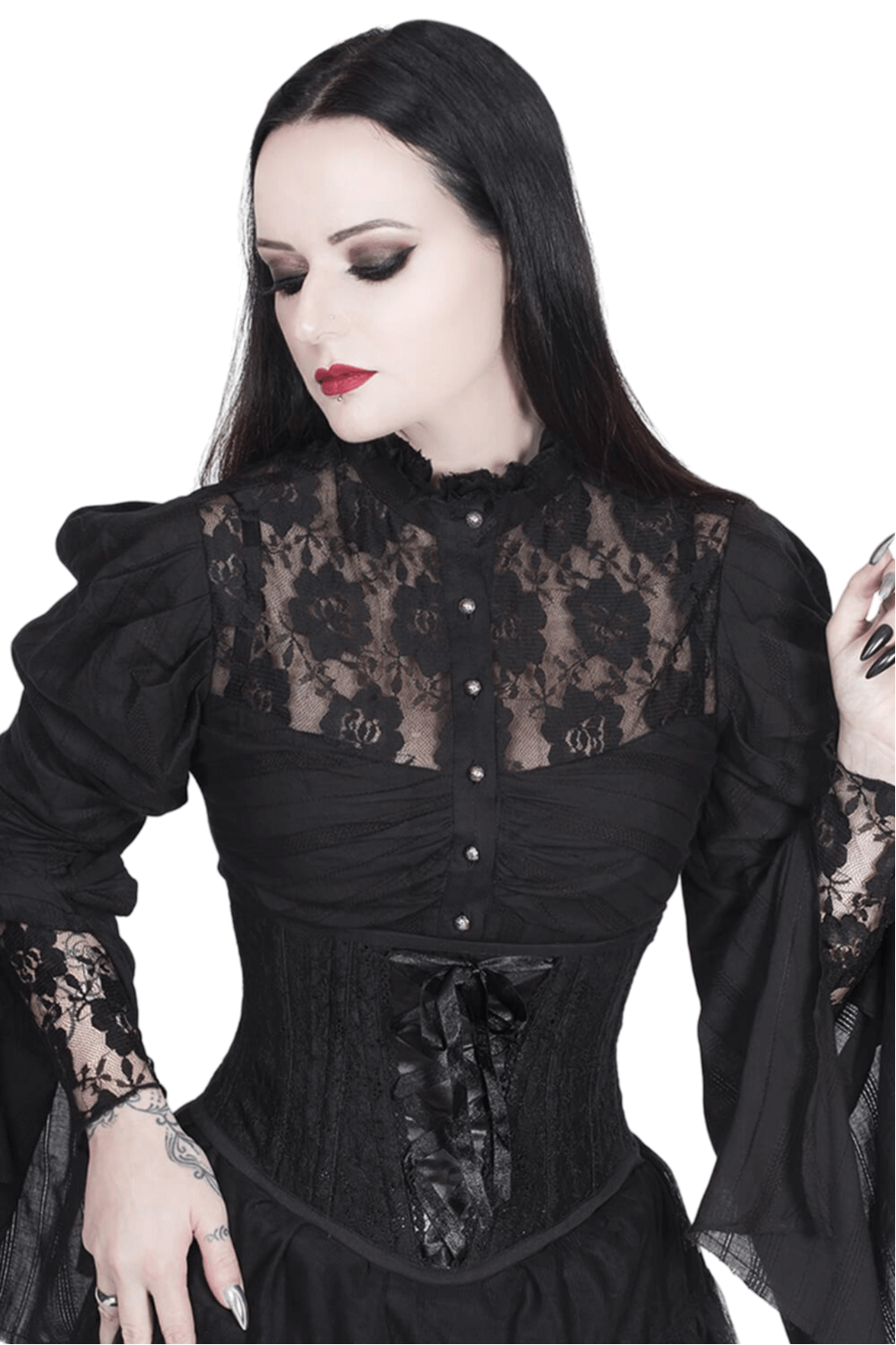 Elegant gothic black corset featuring lace detailing and a fitted design for a dramatic silhouette.