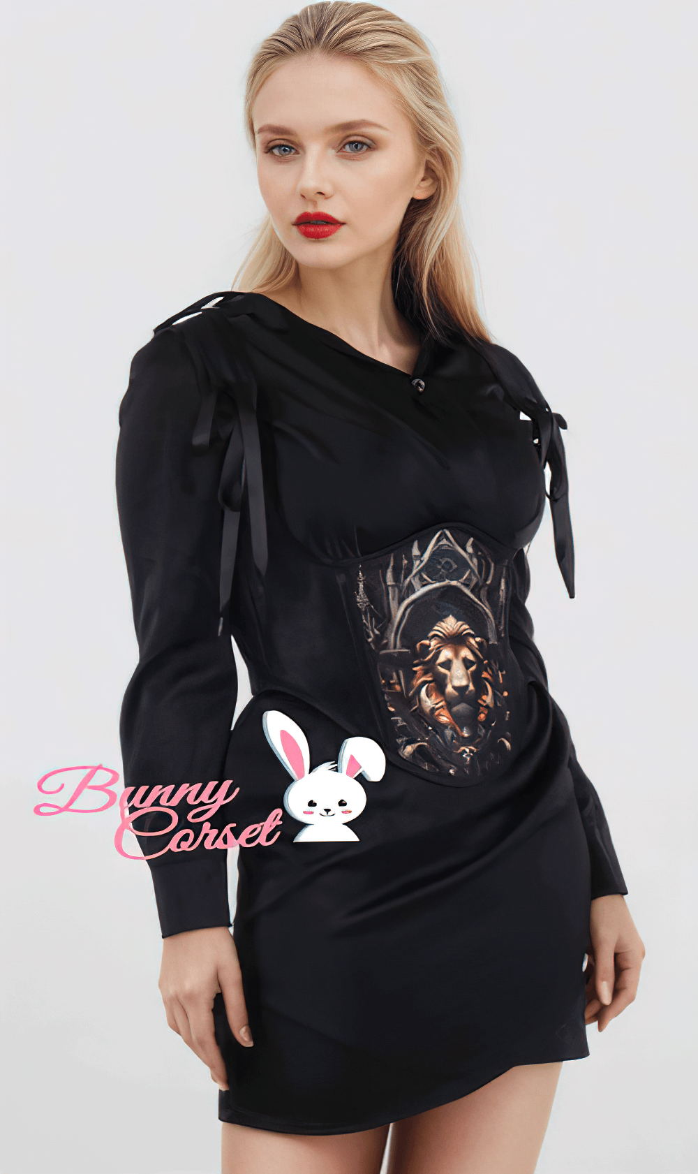 Gothic black underbust corset dress with lion design, stylishly designed with ribbon details and a flattering silhouette.