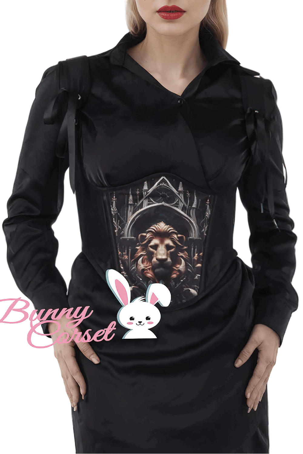 Gothic black underbust corset featuring a lion design, perfect for steampunk fashion and waist training.