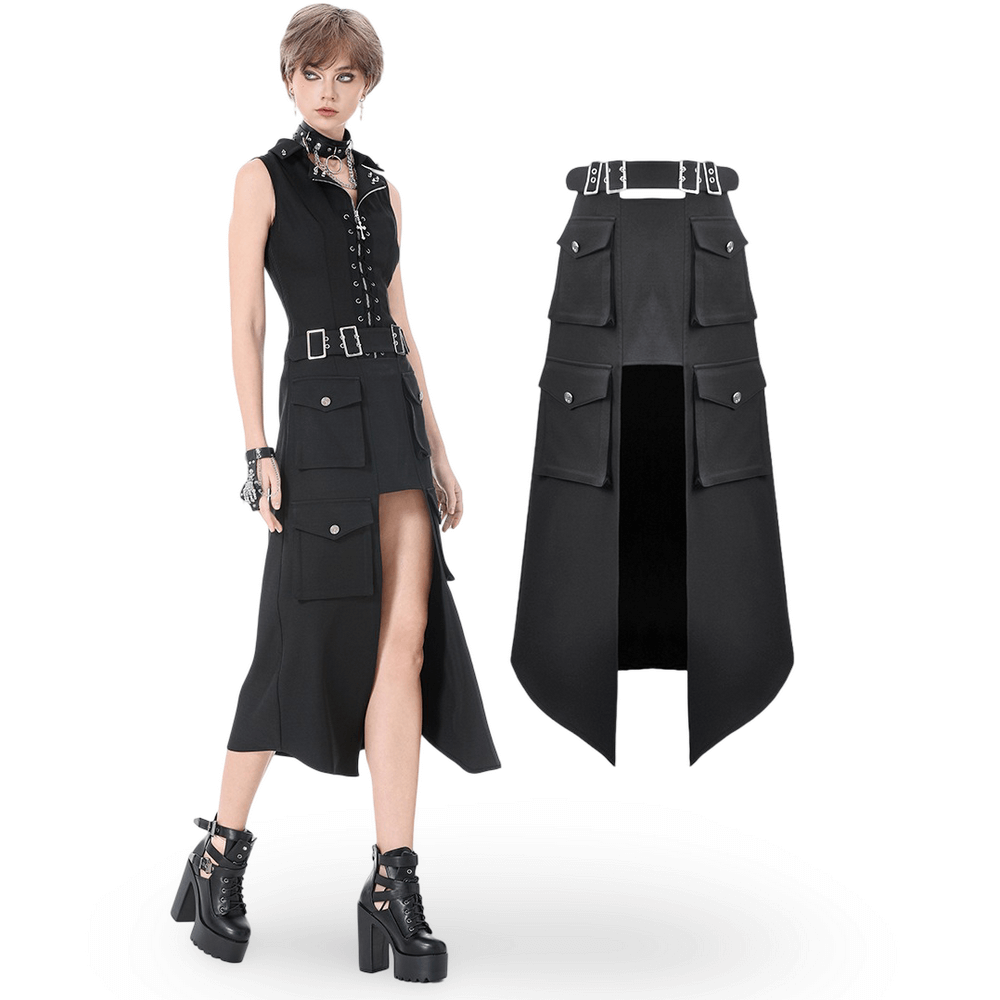 Gothic Black Utility Skirt with Multiple Pockets and Belt on a model, showcasing its punk-inspired style and practical features.