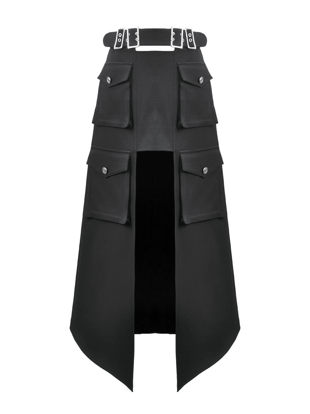 Gothic Black Utility Skirt with Multiple Pockets and Belt showcasing a stylish design and practical details.
