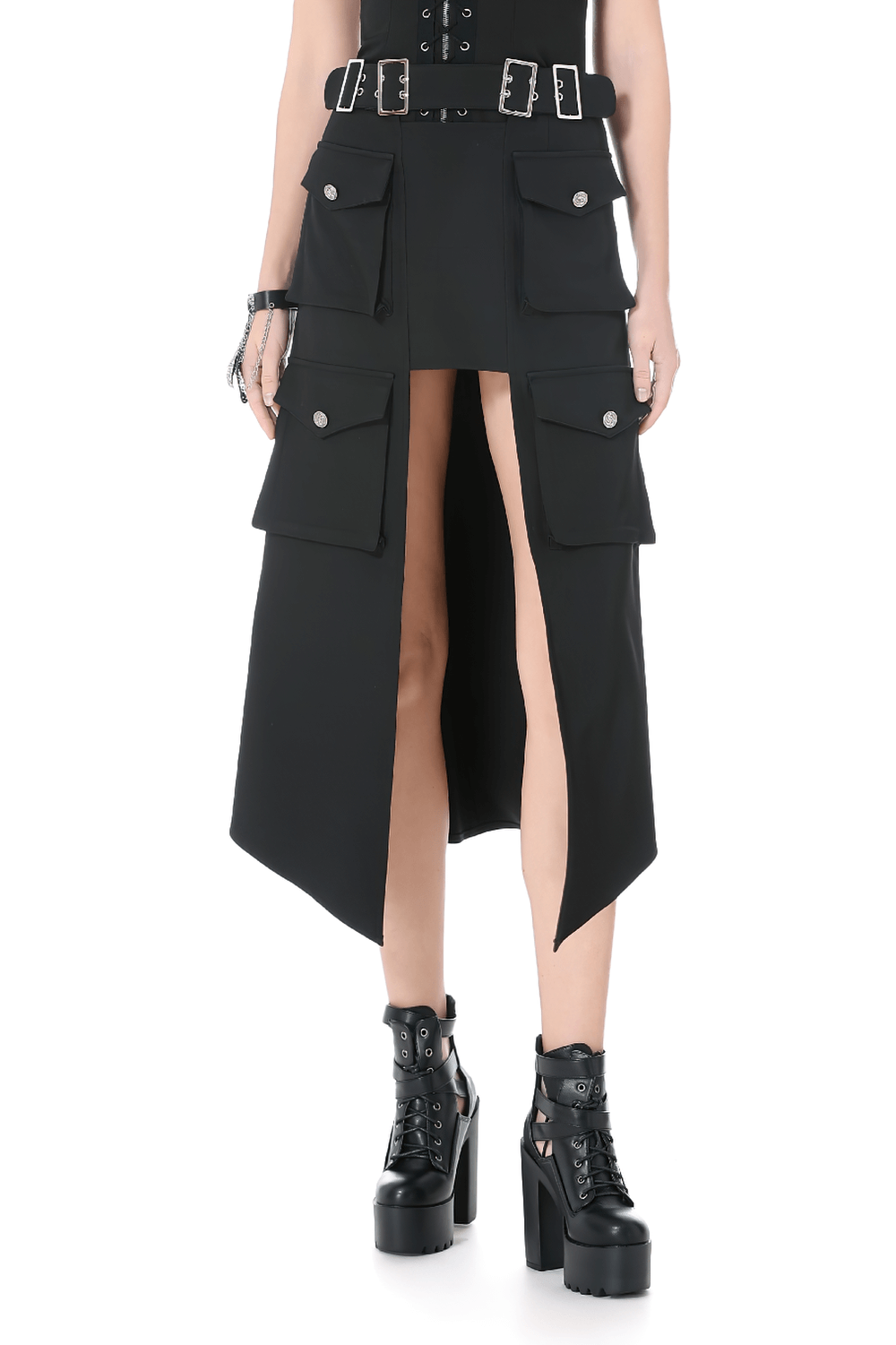 Gothic Black Utility Skirt with Multiple Pockets and Belt, featuring a stylish design and practical pockets.