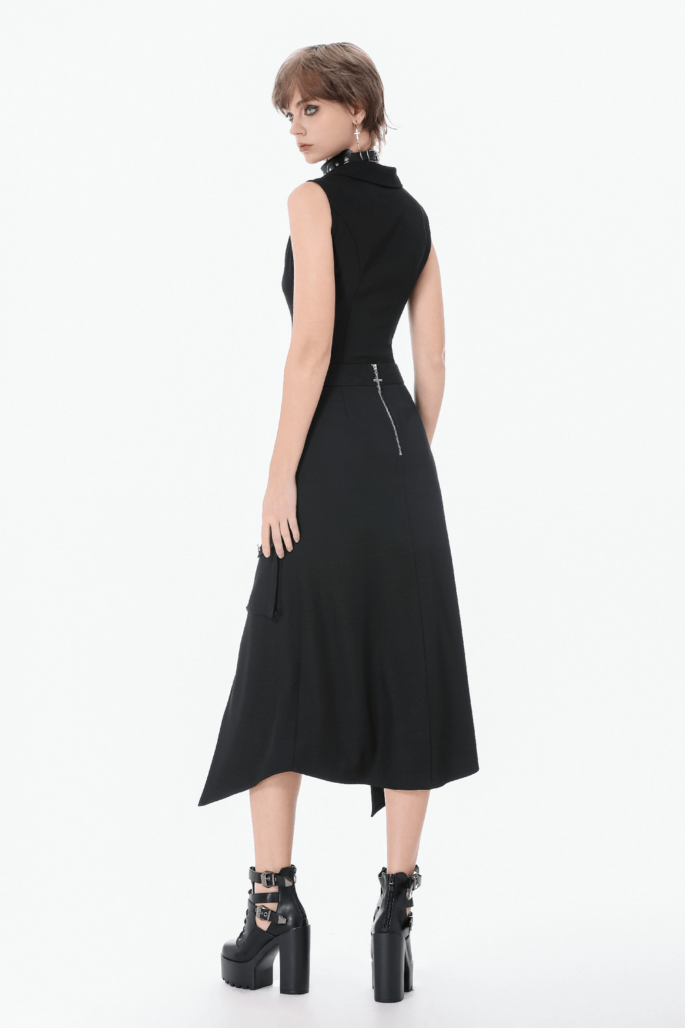 Gothic Black Utility Skirt with Multiple Pockets and Belt, showcasing stylish back view and practical design.