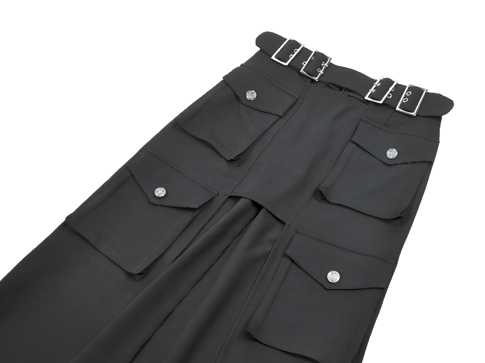 Gothic Black Utility Skirt with Multiple Pockets and Belt showcasing pockets and stylish belt detail.