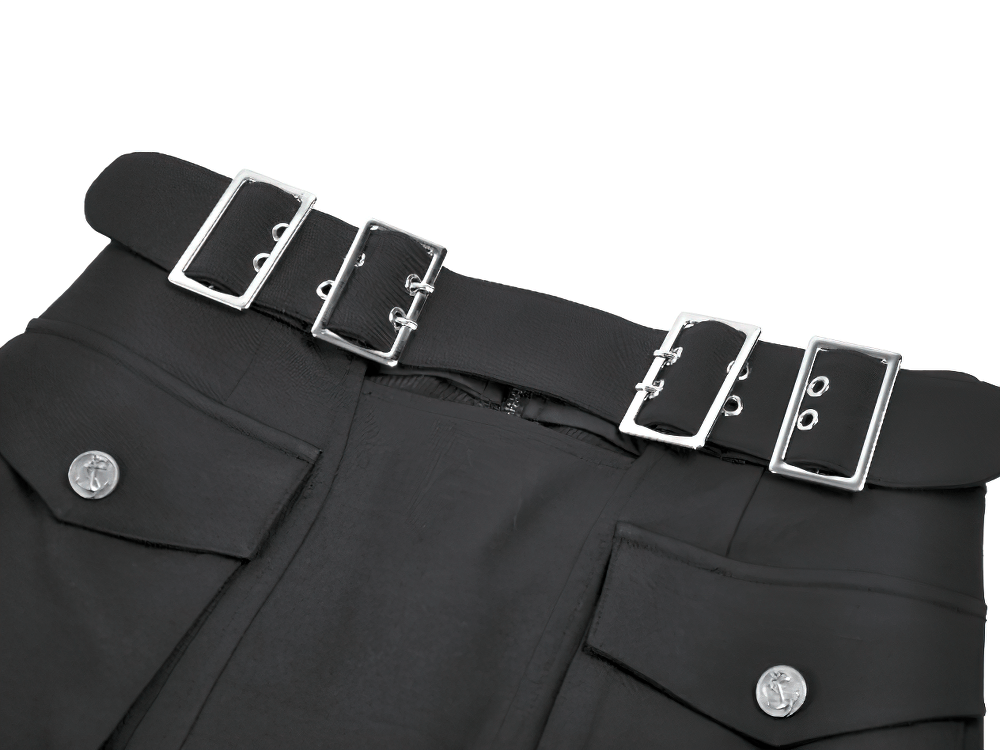 Gothic Black Utility Skirt with Multiple Pockets and Belt showcasing stylish belt and functional pockets.