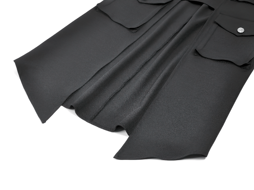 Gothic Black Utility Skirt with Multiple Pockets and Belt, showcasing the sleek fabric and pocket details.