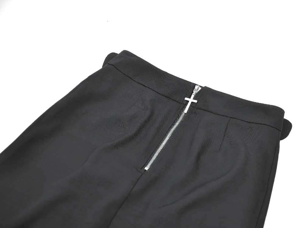 Gothic Black Utility Skirt with Multiple Pockets and Belt - back view featuring zip closure and cross detail.