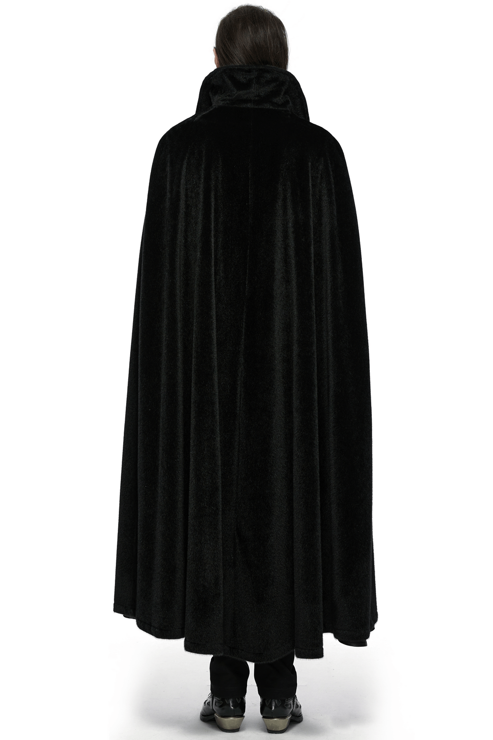 Elegant Gothic black vampire cape with a luxurious 3D bat collar, showcasing a mysterious back view for Halloween attire.