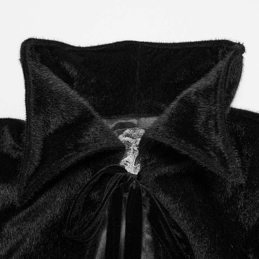 Close-up of the luxurious black collar of a Gothic vampire cape featuring soft imitation horse hair.