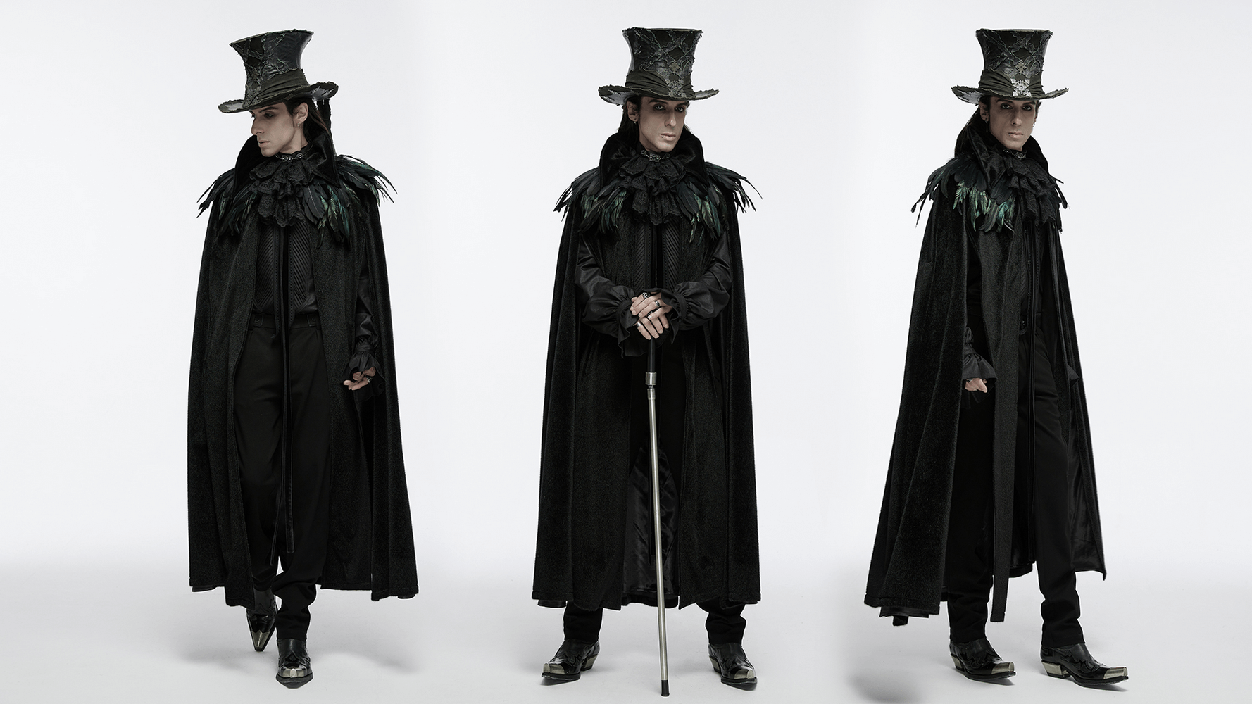 Elegant man in gothic black vampire cape with 3D bat collar, showcasing dramatic style and vintage top hat.