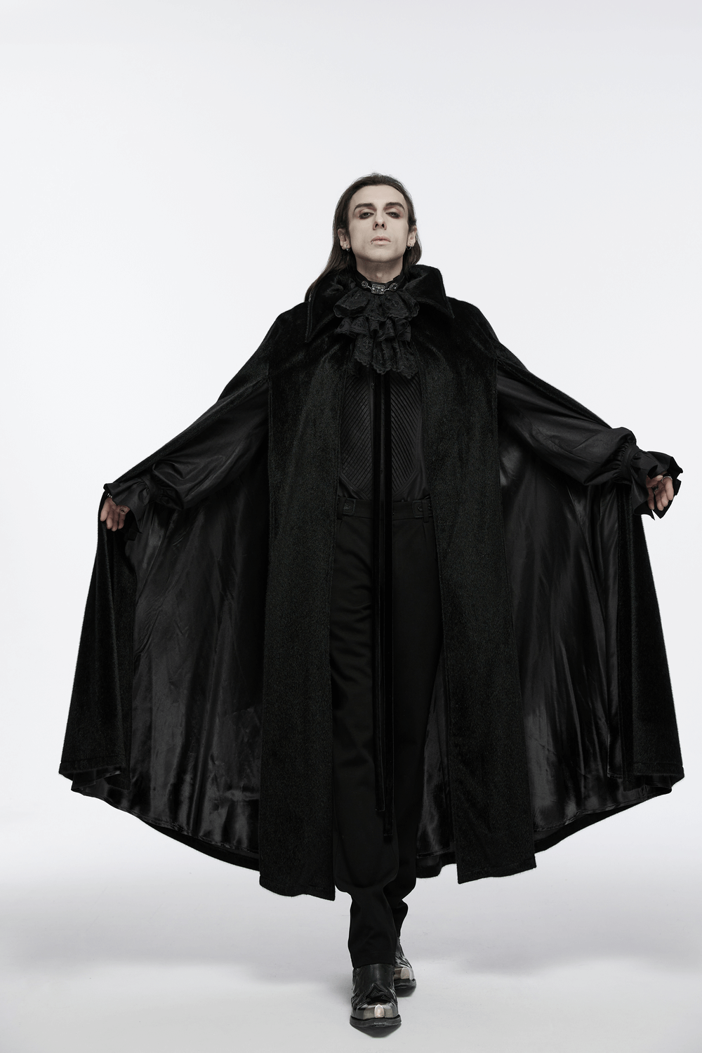 Model showcasing a Gothic black vampire cape with a 3D bat collar, exuding dark elegance and mystique.