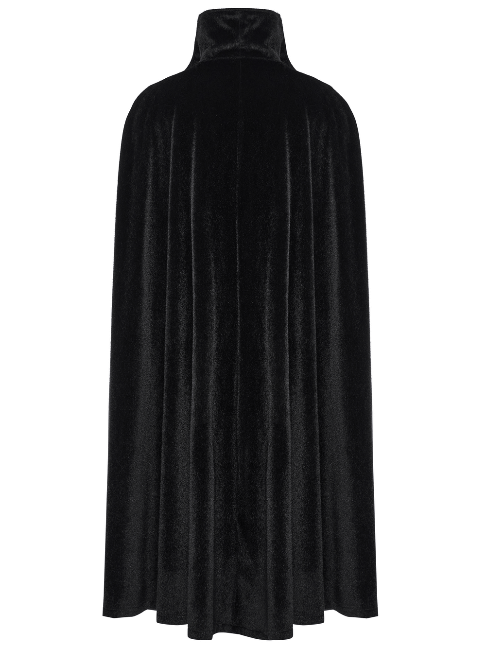 Black Gothic vampire cape with high collar, back view, made from thick imitation horse hair for an elegant look.